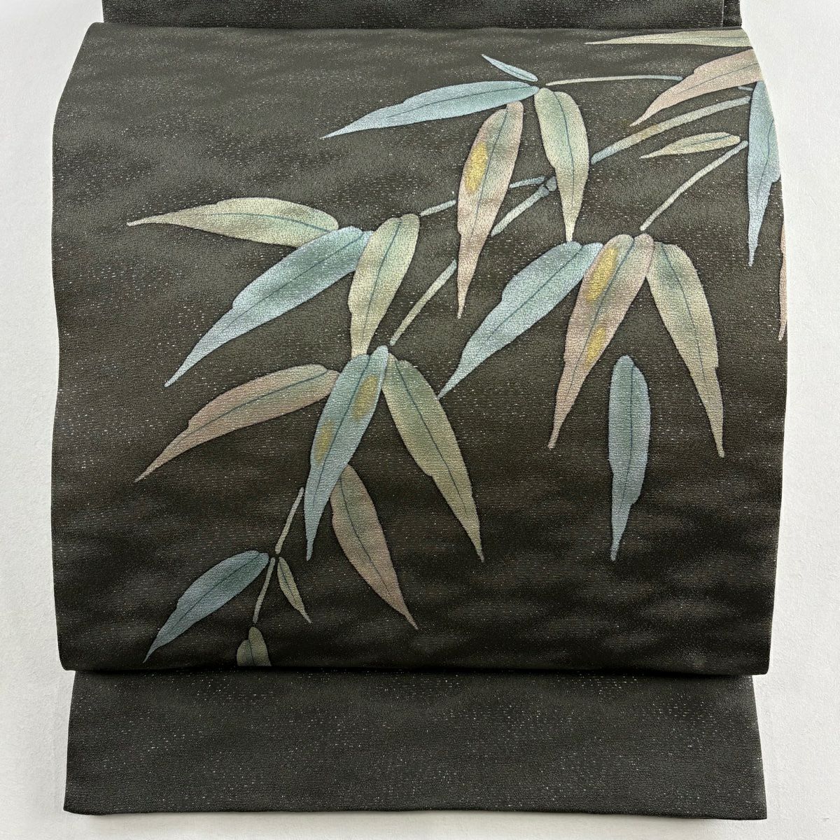 【美品】 袋帶 秀品級 葉紋 金銀彩 金金箔 深綠 大鼓紋 純蠶絲