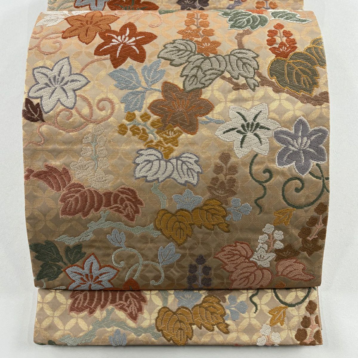 【美品】 袋帶 秀品級 ますいわ屋 七寶桐鐵線紋 金金箔 唐織 淺茶 六通 純蠶絲
