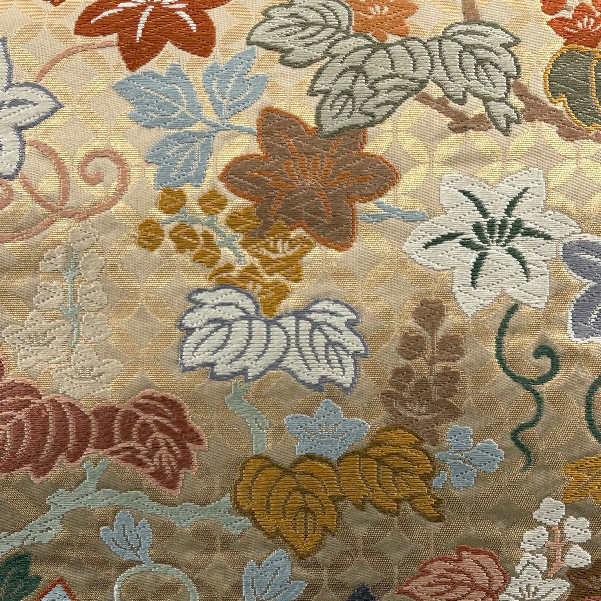 【美品】 袋帶 秀品級 ますいわ屋 七寶桐鐵線紋 金金箔 唐織 淺茶 六通 純蠶絲
