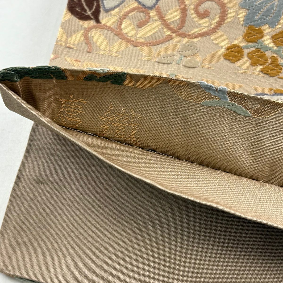 【美品】 袋帶 秀品級 ますいわ屋 七寶桐鐵線紋 金金箔 唐織 淺茶 六通 純蠶絲