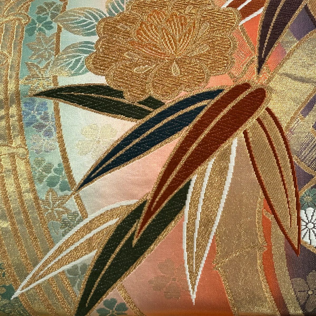 【美品】 袋帶 秀品級 草花紋 竹子 金金箔 唐織 灰綠 六通 純蠶絲