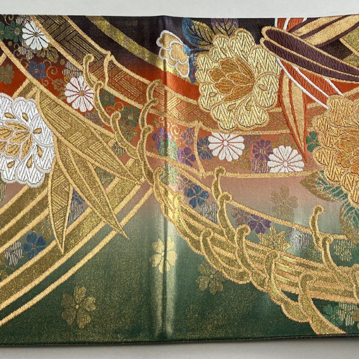 【美品】 袋帶 秀品級 草花紋 竹子 金金箔 唐織 灰綠 六通 純蠶絲