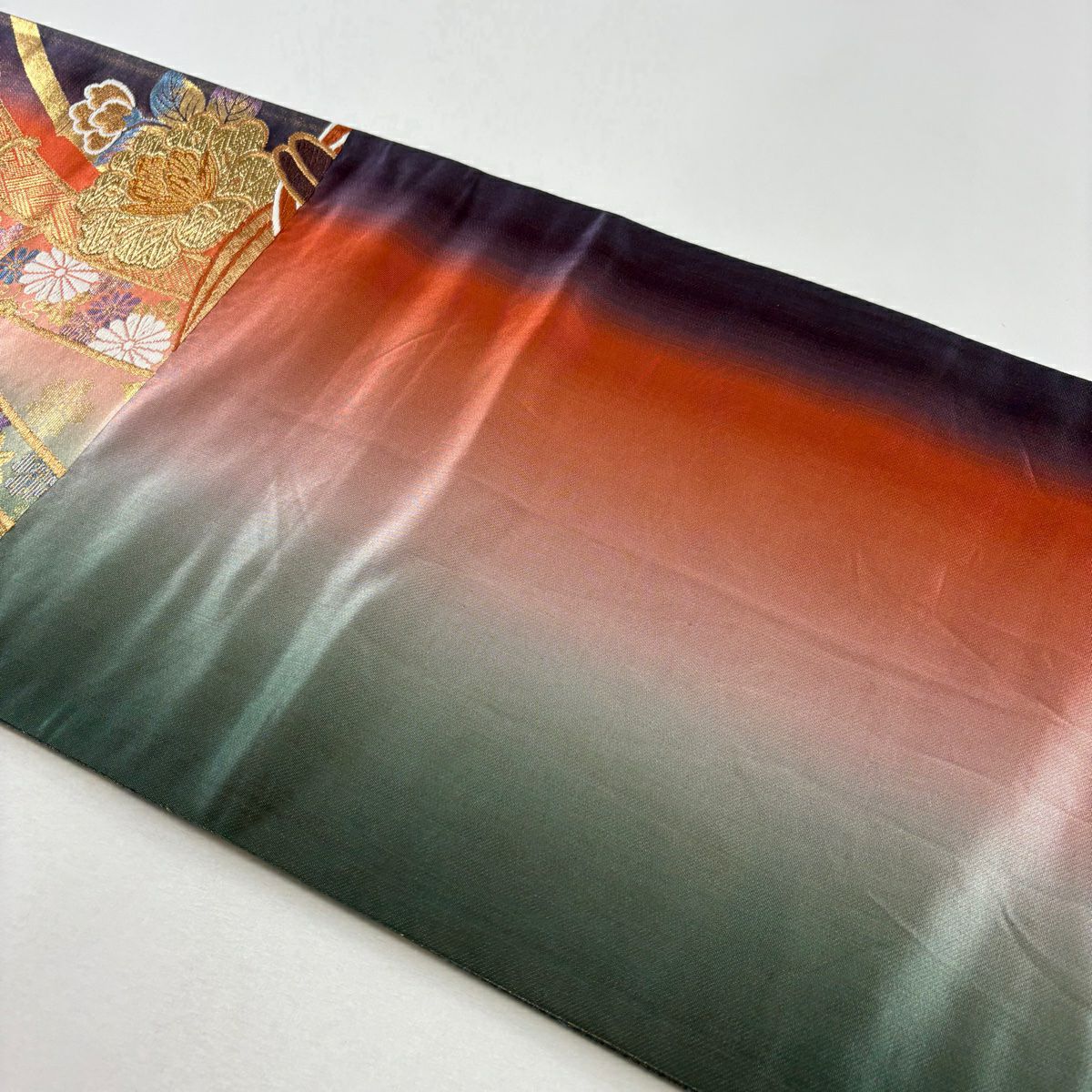 【美品】 袋帶 秀品級 草花紋 竹子 金金箔 唐織 灰綠 六通 純蠶絲