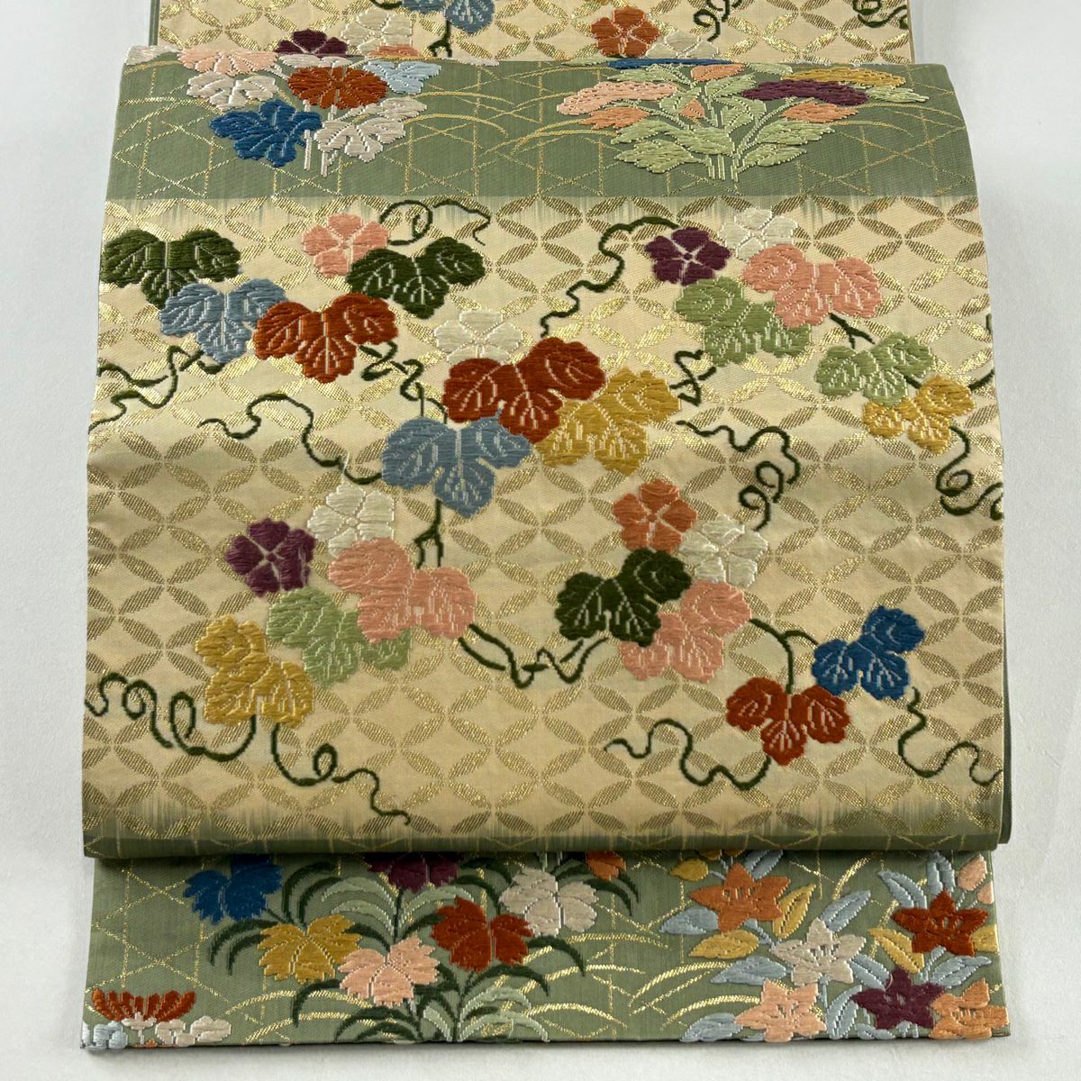 袋帶 秀品級 蔦 籠目 刺繡 金金箔 艾綠 六通 純蠶絲