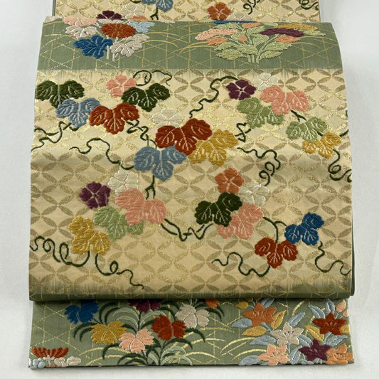 袋帶 秀品級 蔦 籠目 刺繡 金金箔 艾綠 六通 純蠶絲