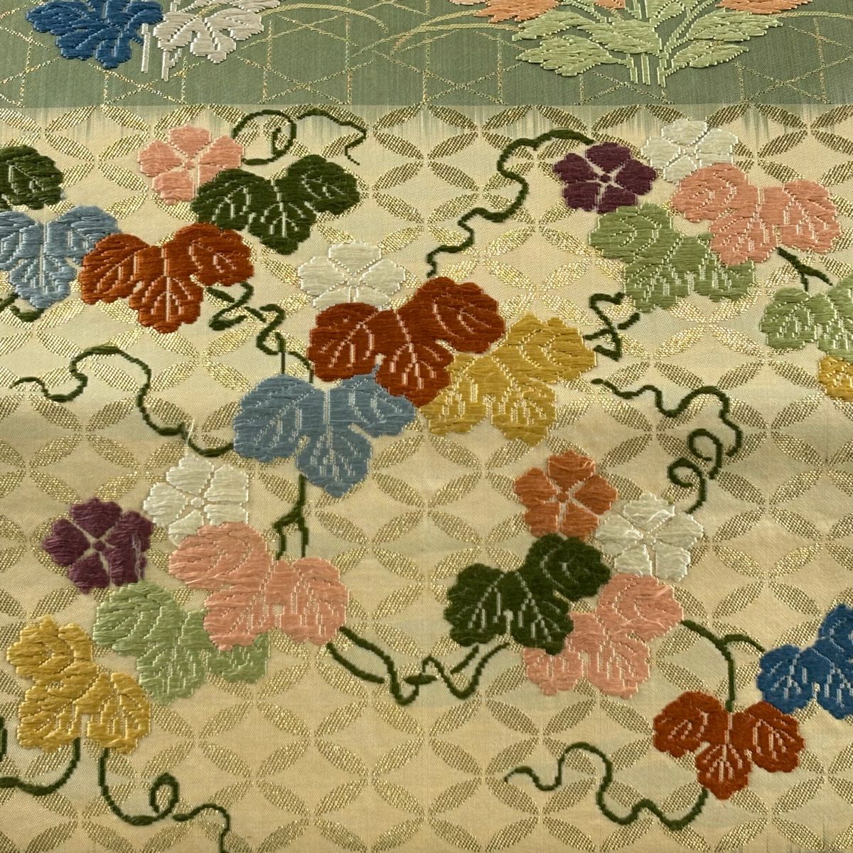 袋帶 秀品級 蔦 籠目 刺繡 金金箔 艾綠 六通 純蠶絲