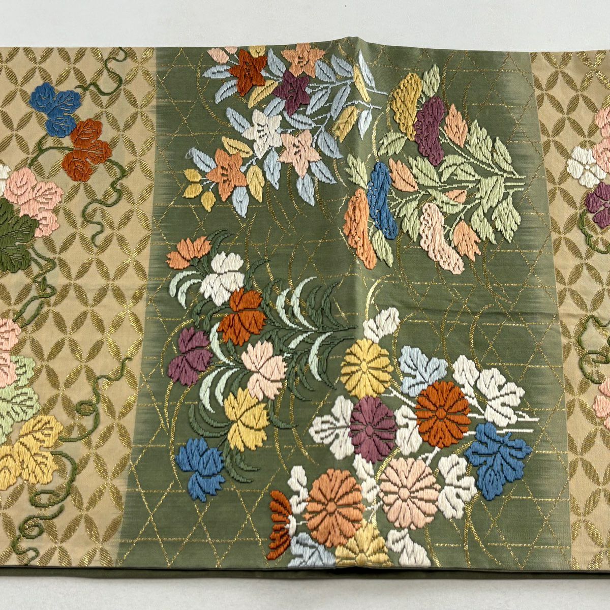 袋帶 秀品級 蔦 籠目 刺繡 金金箔 艾綠 六通 純蠶絲