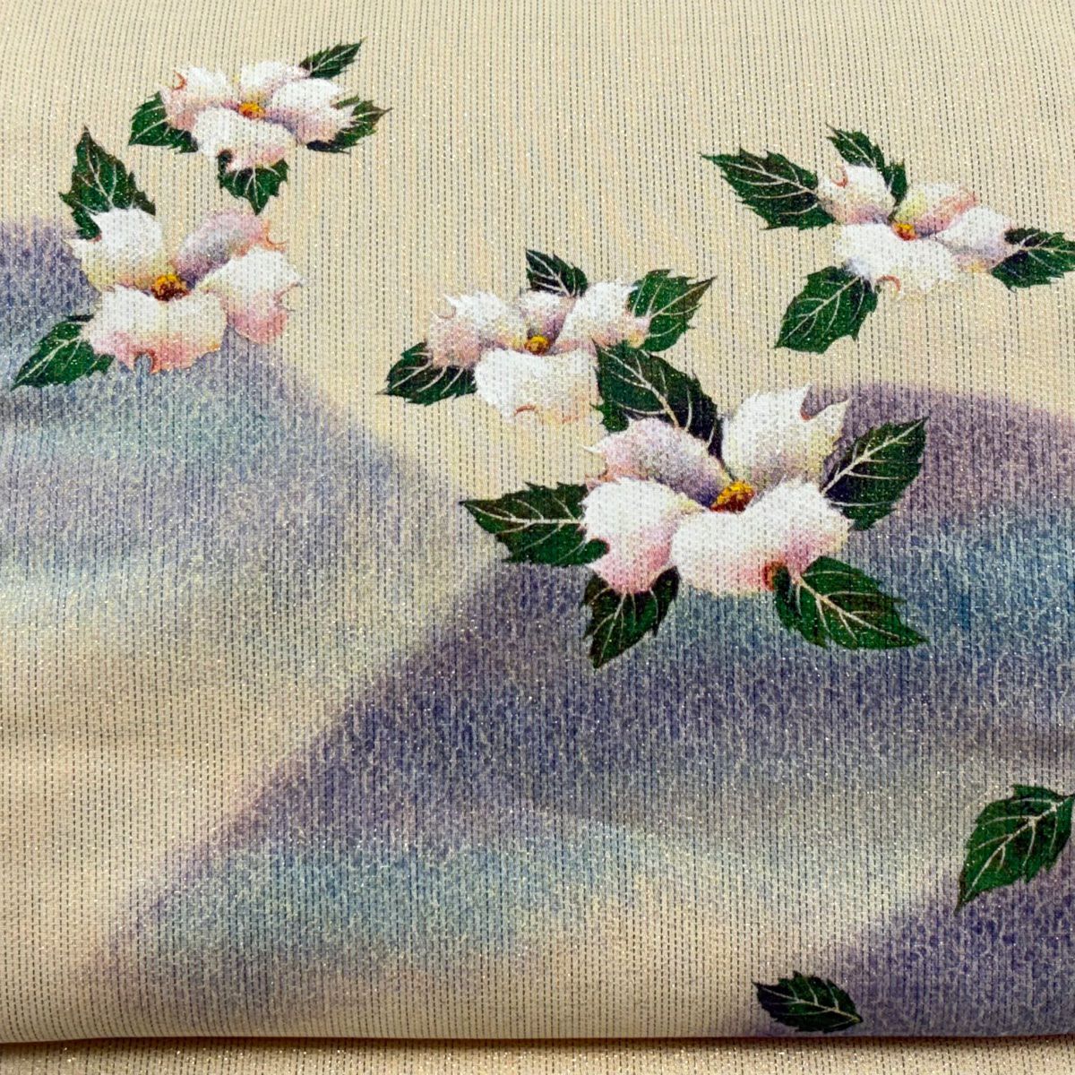 【美品】 袋帶 秀品級 附有落款 草花紋紋 山並紋 金通し 米色 大鼓圖案 純蠶絲