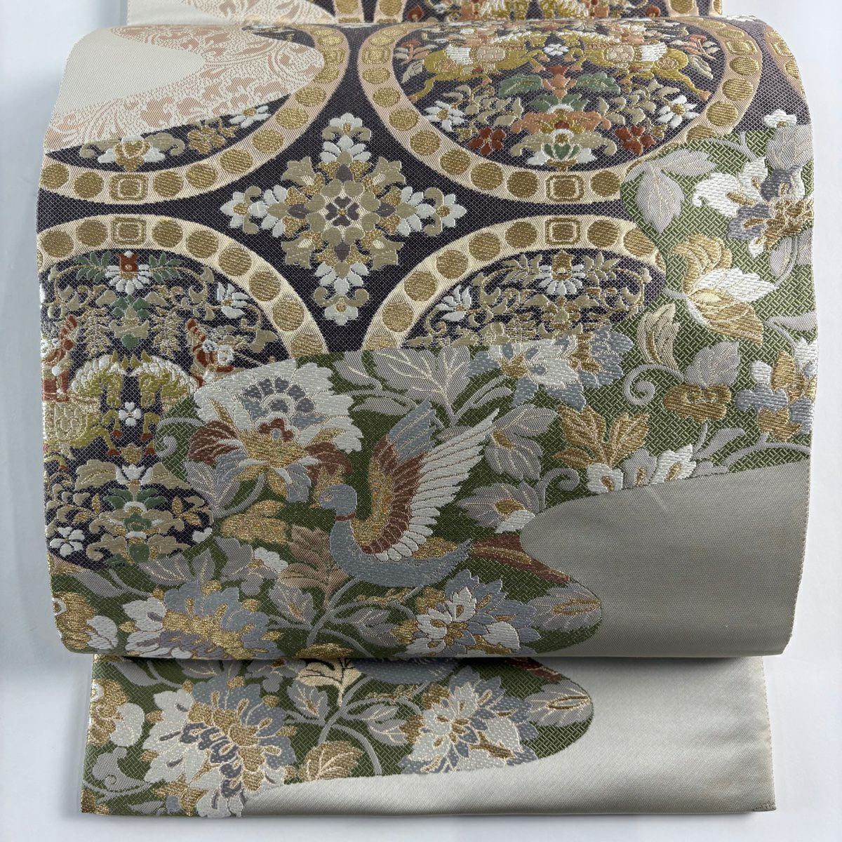【美品】 袋帶 秀品級 大和 狩獵文 花鳥 金絲 金金箔 灰紫 六通 純蠶絲