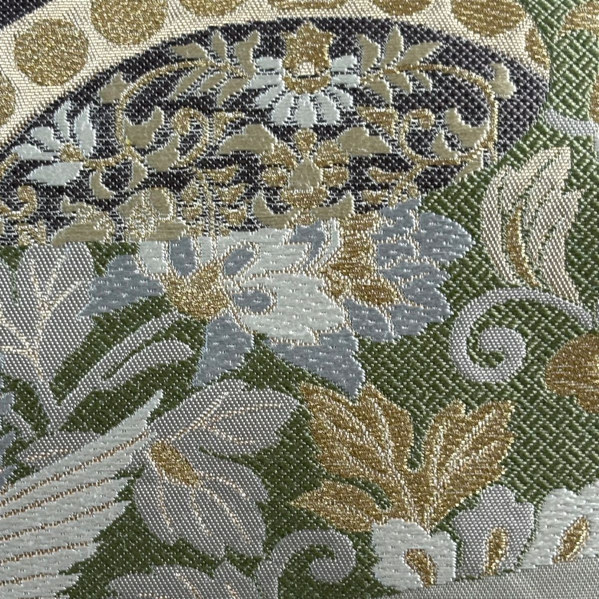 【美品】 袋帶 秀品級 大和 狩獵文 花鳥 金絲 金金箔 灰紫 六通 純蠶絲