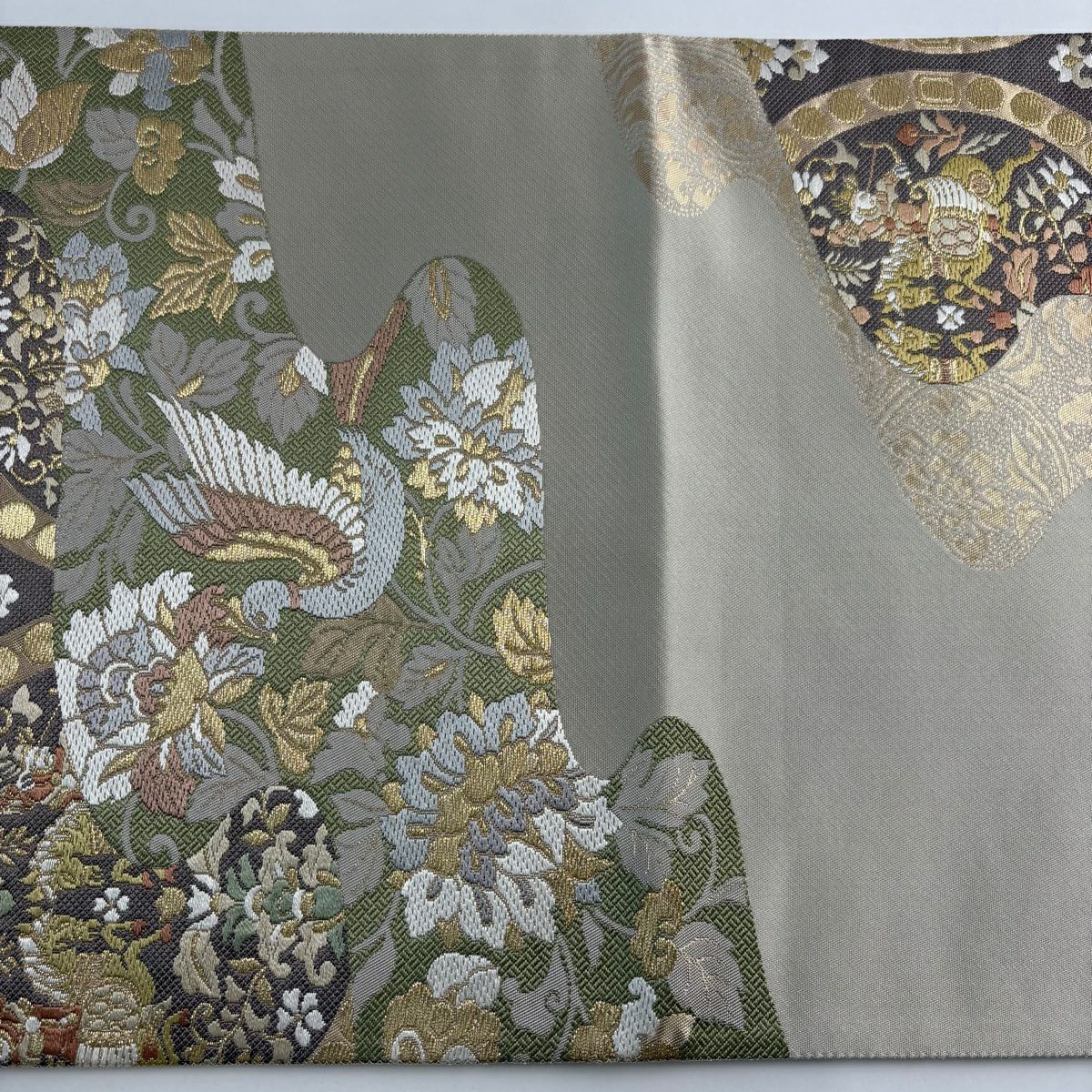 【美品】 袋帶 秀品級 大和 狩獵文 花鳥 金絲 金金箔 灰紫 六通 純蠶絲