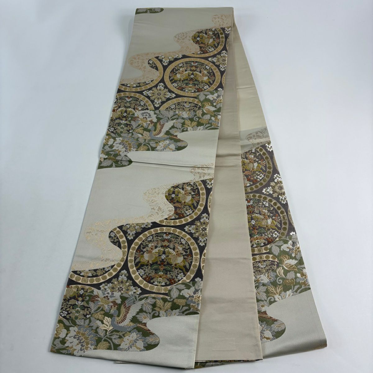 【美品】 袋帶 秀品級 大和 狩獵文 花鳥 金絲 金金箔 灰紫 六通 純蠶絲