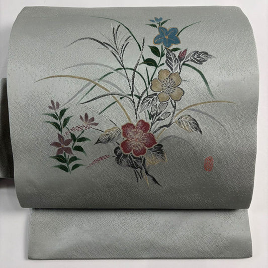 【美品】 名古屋帶 秀品級 草花紋 金銀彩 青灰 純蠶絲