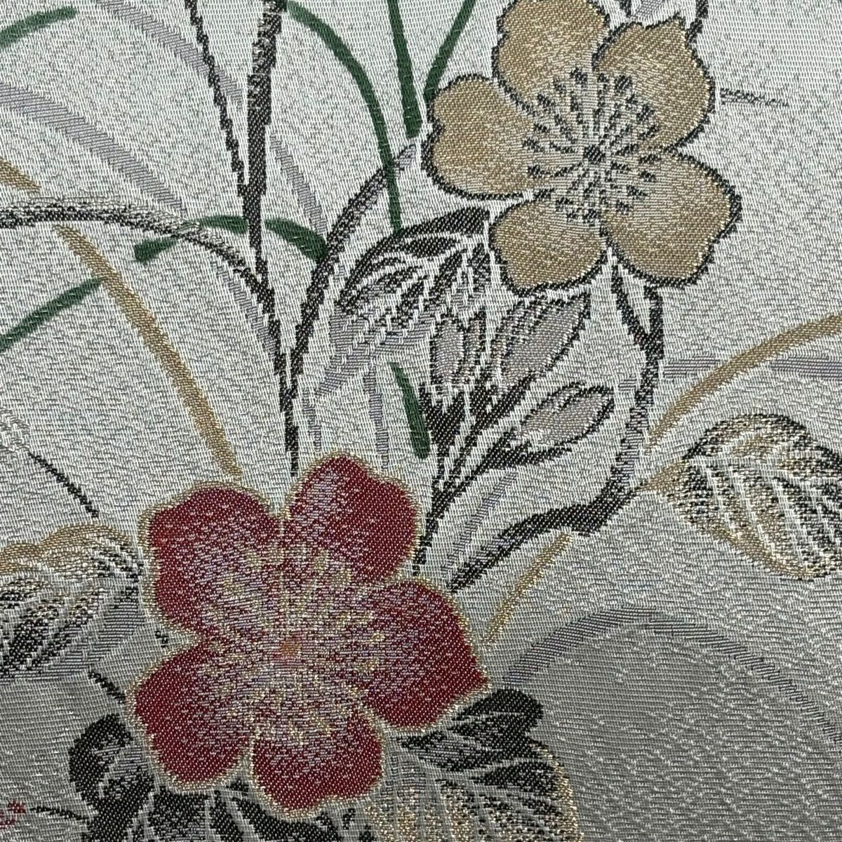 【美品】 名古屋帶 秀品級 草花紋 金銀彩 青灰 純蠶絲