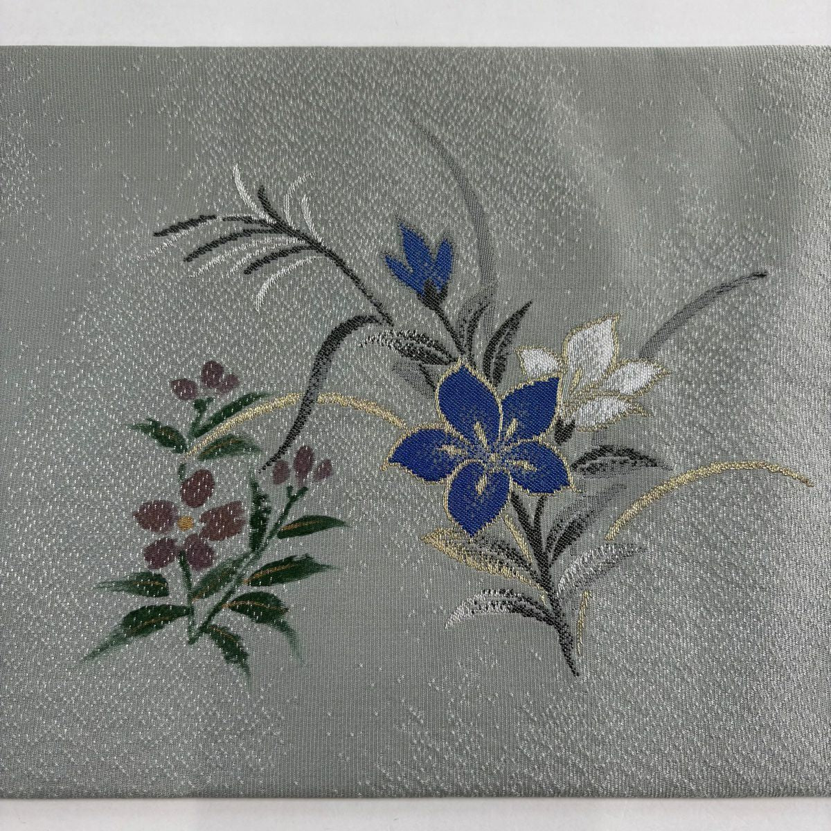 【美品】 名古屋帶 秀品級 草花紋 金銀彩 青灰 純蠶絲