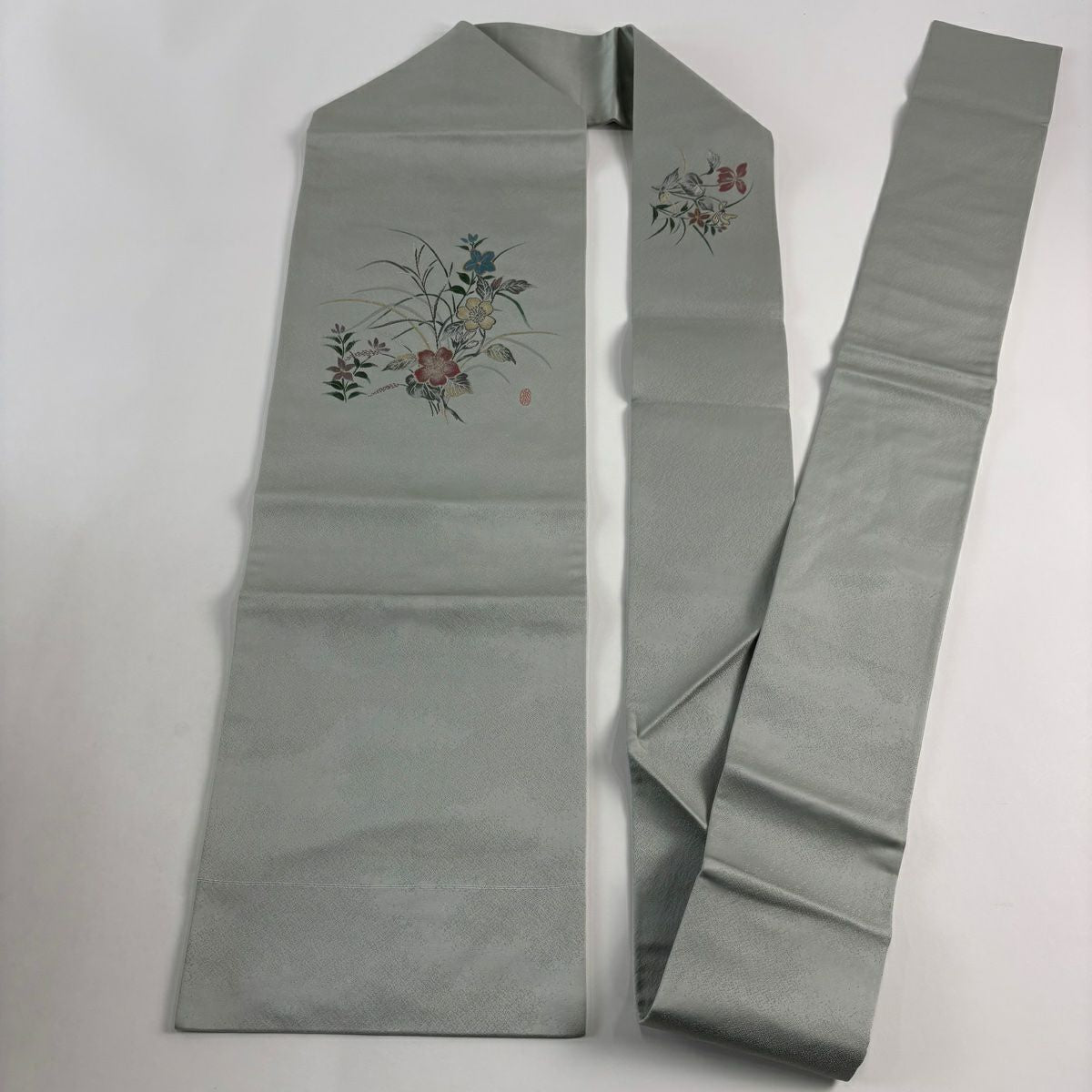 【美品】 名古屋帶 秀品級 草花紋 金銀彩 青灰 純蠶絲