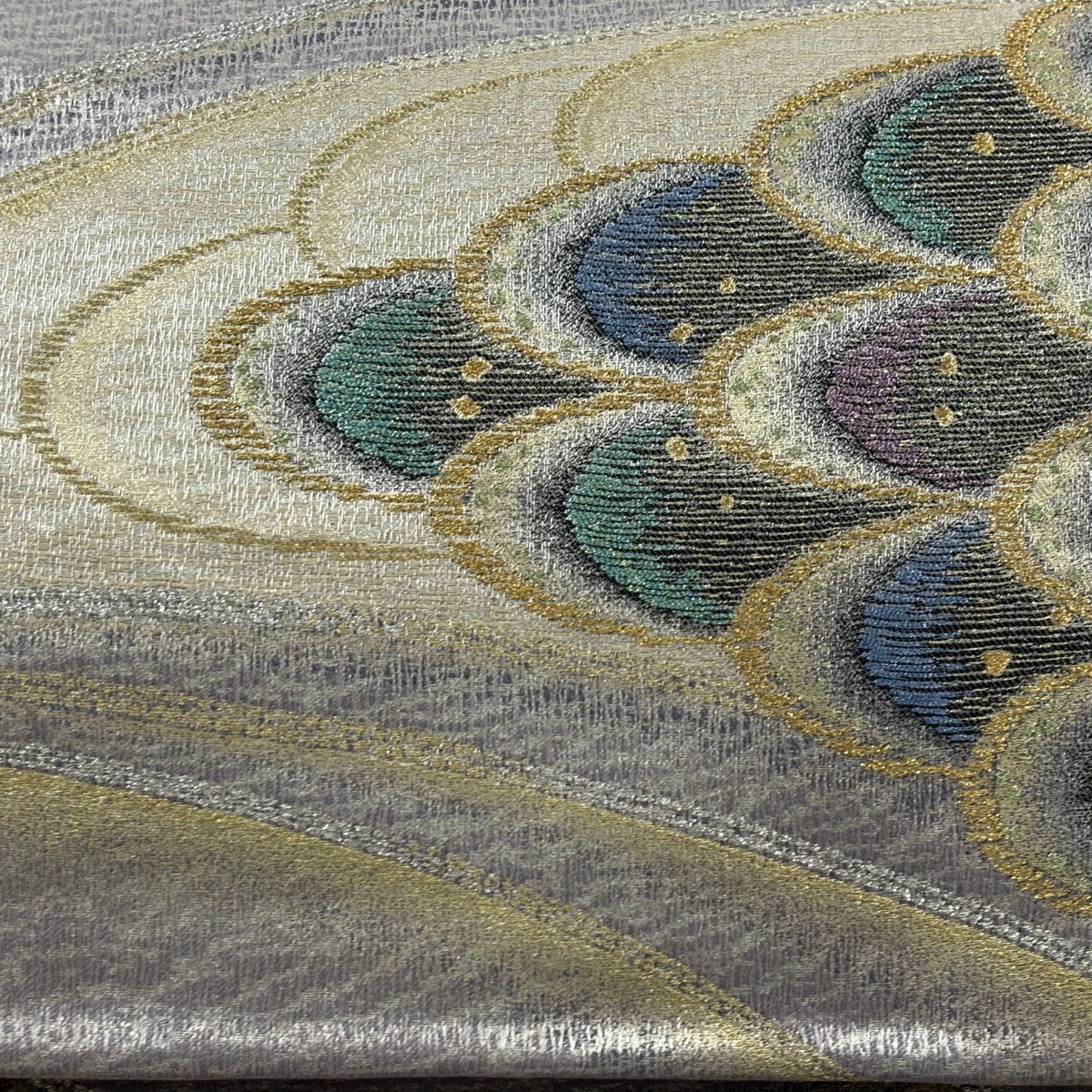 【美品】 袋帶 秀品級 幾何學 金金箔 金絲 淺紫 六通 純蠶絲