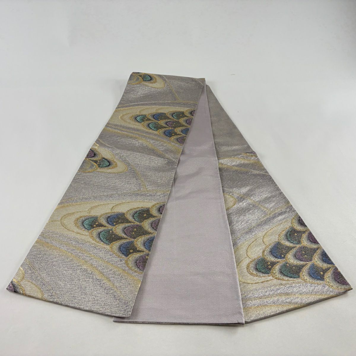 【美品】 袋帶 秀品級 幾何學 金金箔 金絲 淺紫 六通 純蠶絲