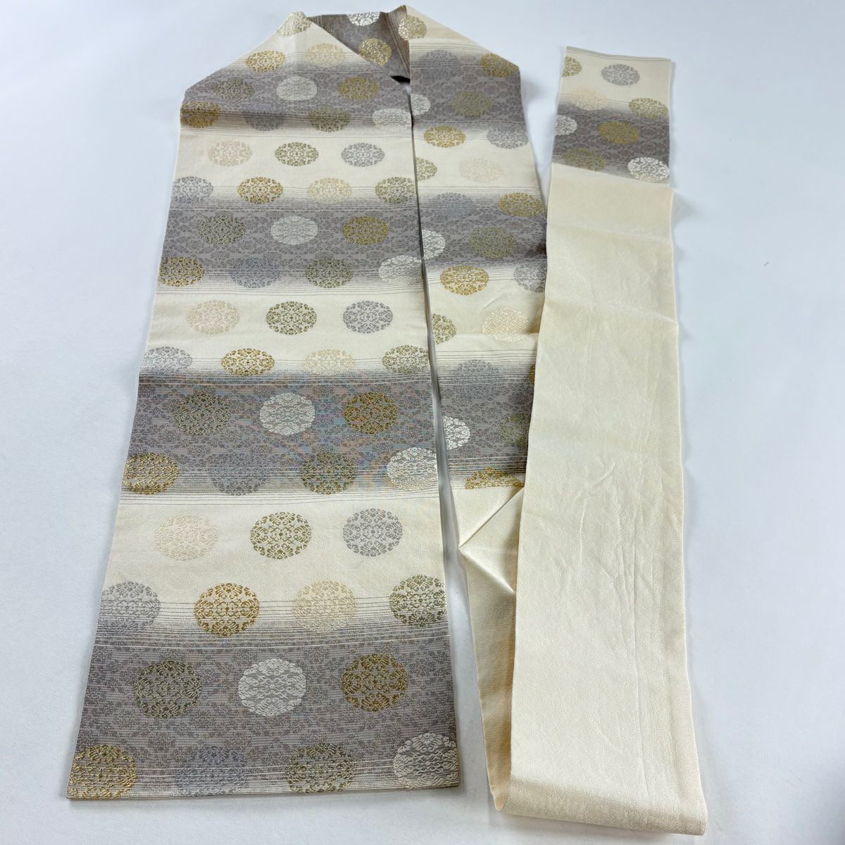 名古屋帶 秀品級 夏帶 華紋 縞 金絲 奶油色 純蠶絲