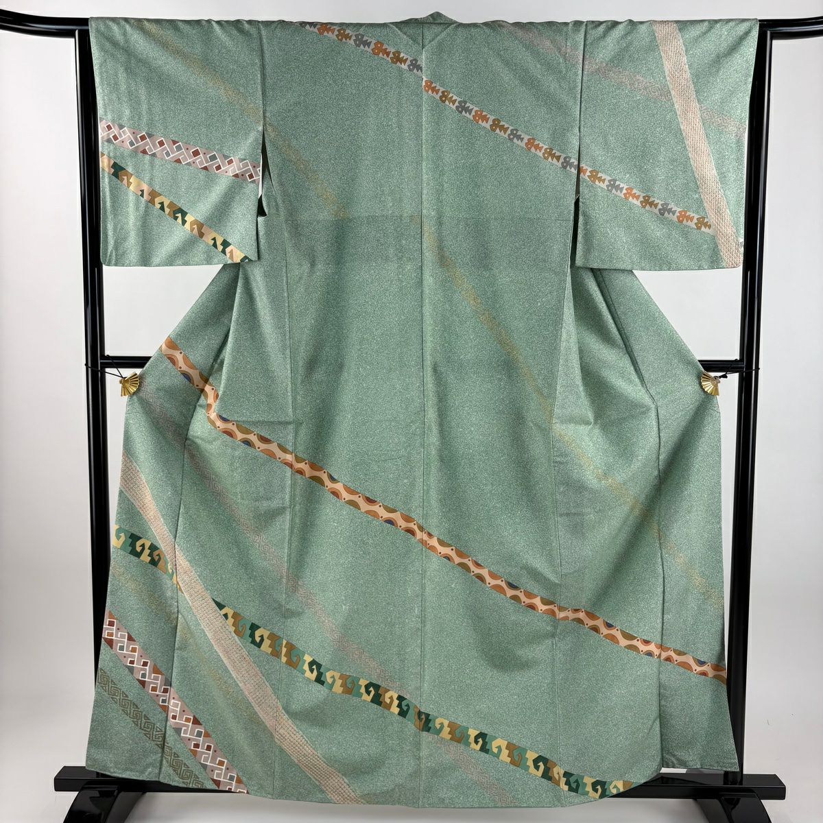 【美品】訪問服 身長161cm 袖長63.5cm S 雙層 大島紬織地 證書齊全 幾何學圖案 絞染 淺綠 純蠶絲 名品級 一個紋