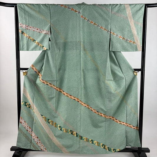 【美品】訪問服 身長161cm 袖長63.5cm S 雙層 大島紬織地 證書齊全 幾何學圖案 絞染 淺綠 純蠶絲 名品級 一個紋