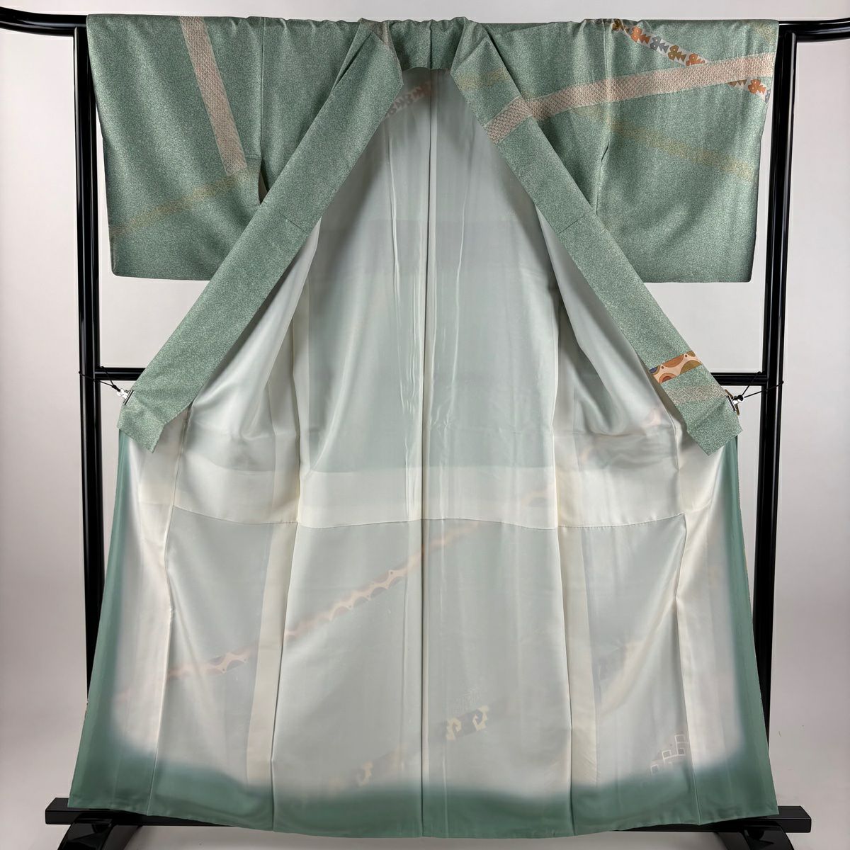 【美品】訪問服 身長161cm 袖長63.5cm S 雙層 大島紬織地 證書齊全 幾何學圖案 絞染 淺綠 純蠶絲 名品級 一個紋