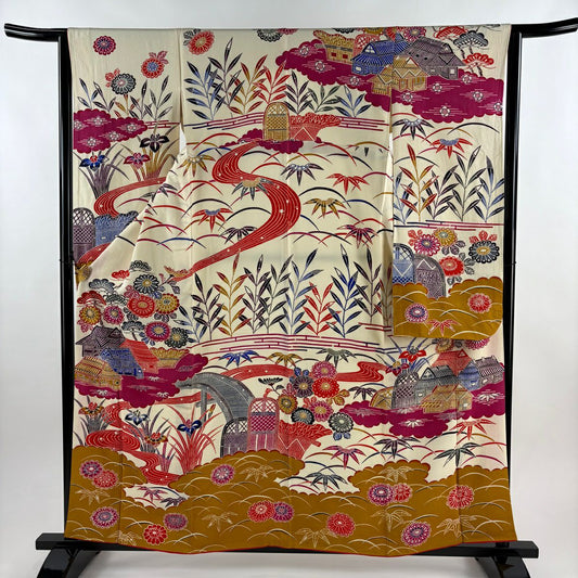 【美品】振袖禮服 身長158.5cm 袖長63.5cm S 雙層 建物 菖蒲 奶油色 純蠶絲 優品級