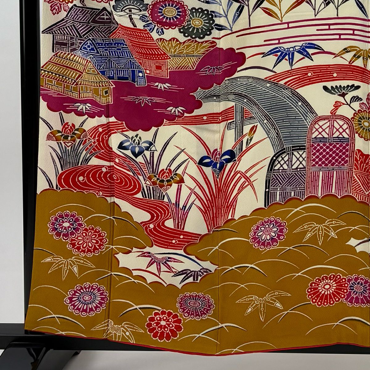 【美品】振袖禮服 身長158.5cm 袖長63.5cm S 雙層 建物 菖蒲 奶油色 純蠶絲 優品級