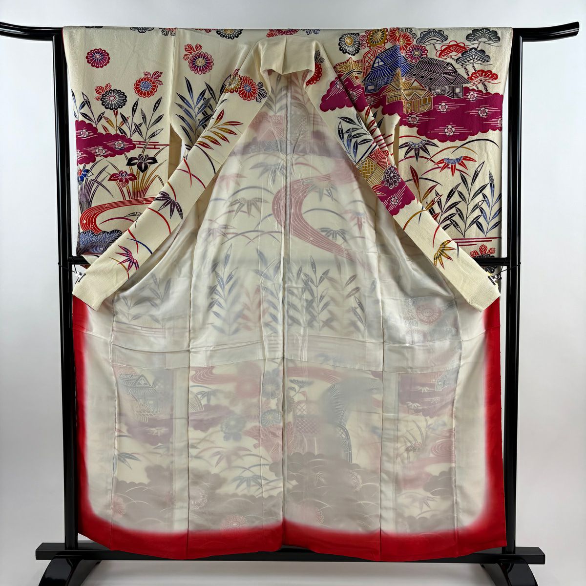 【美品】振袖禮服 身長158.5cm 袖長63.5cm S 雙層 建物 菖蒲 奶油色 純蠶絲 優品級