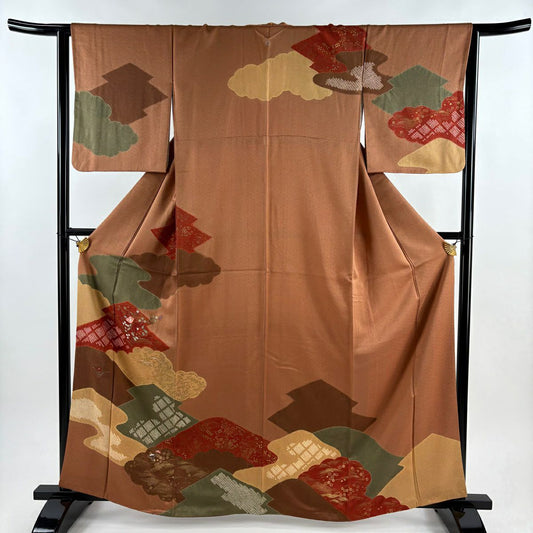 訪問服 身長162.5cm 袖長64cm M 雙層 椿 雲文 刺繡 絞染 茶 純蠶絲 秀品級 一つ紋