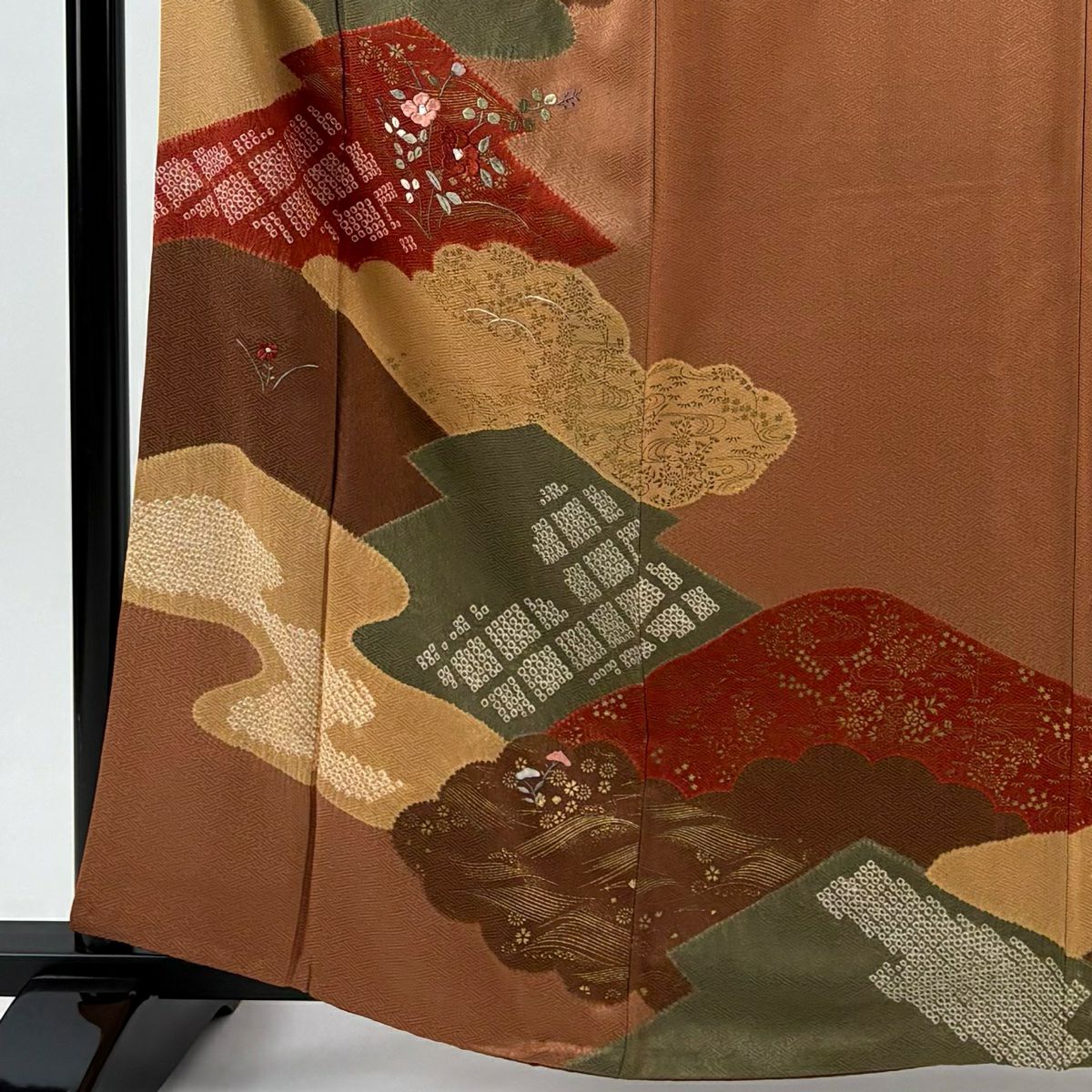 訪問服 身長162.5cm 袖長64cm M 雙層 椿 雲文 刺繡 絞染 茶 純蠶絲 秀品級 一つ紋