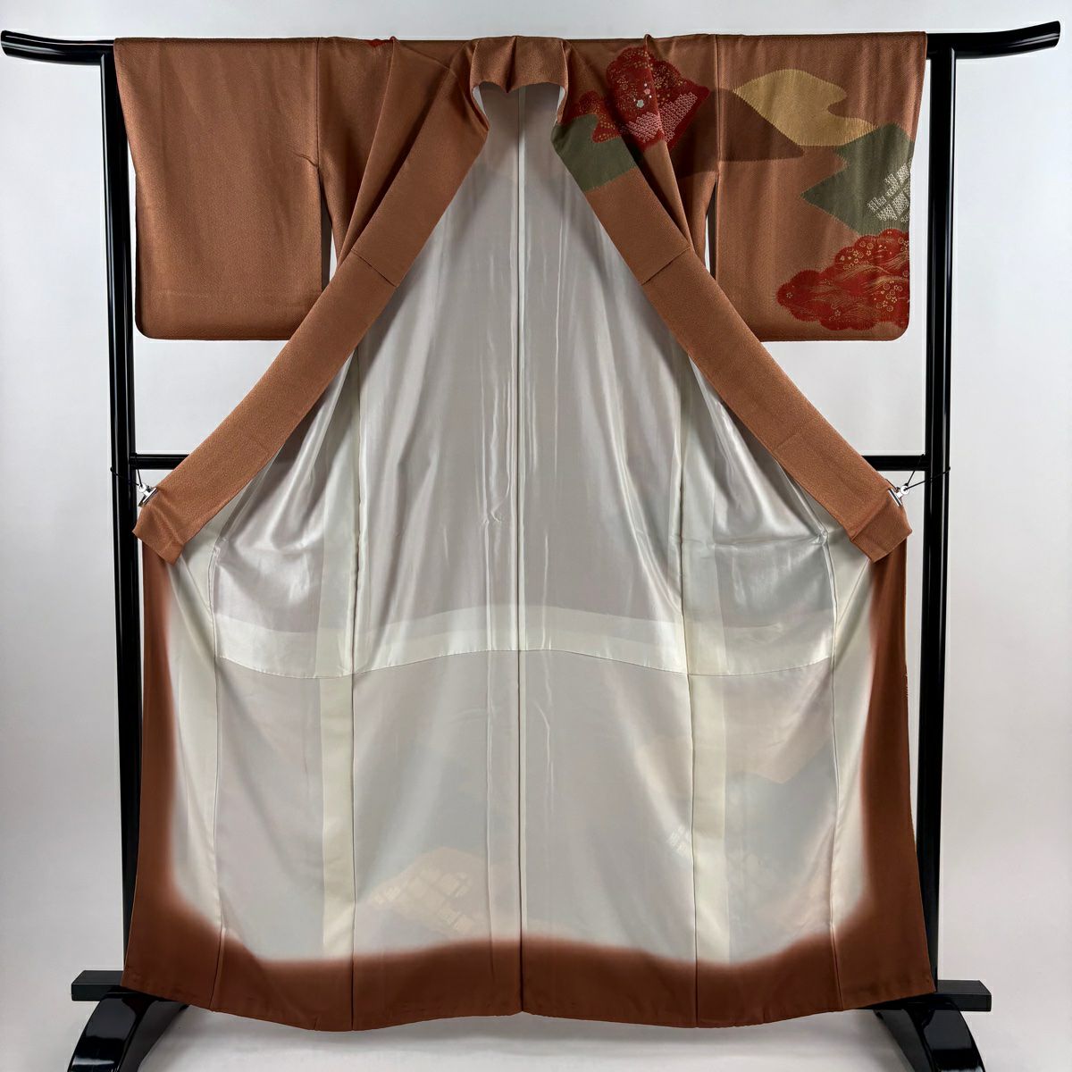 訪問服 身長162.5cm 袖長64cm M 雙層 椿 雲文 刺繡 絞染 茶 純蠶絲 秀品級 一つ紋