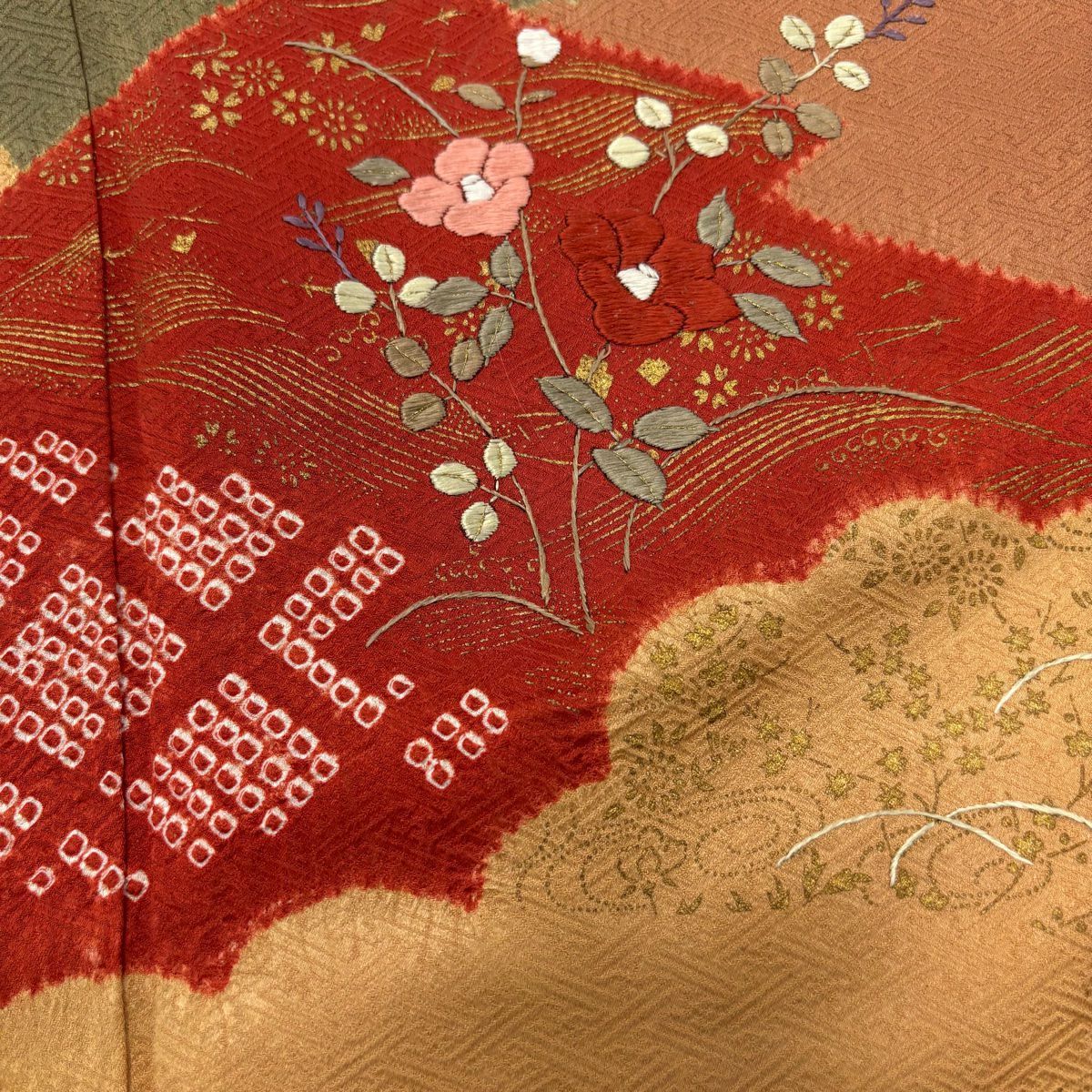 訪問服 身長162.5cm 袖長64cm M 雙層 椿 雲文 刺繡 絞染 茶 純蠶絲 秀品級 一つ紋