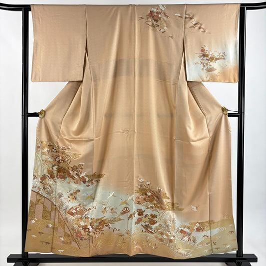 訪問服 身長157cm 袖長62.5cm S 雙層 扇子 草花紋 金絲 金銀彩 米色 純蠶絲 優品級