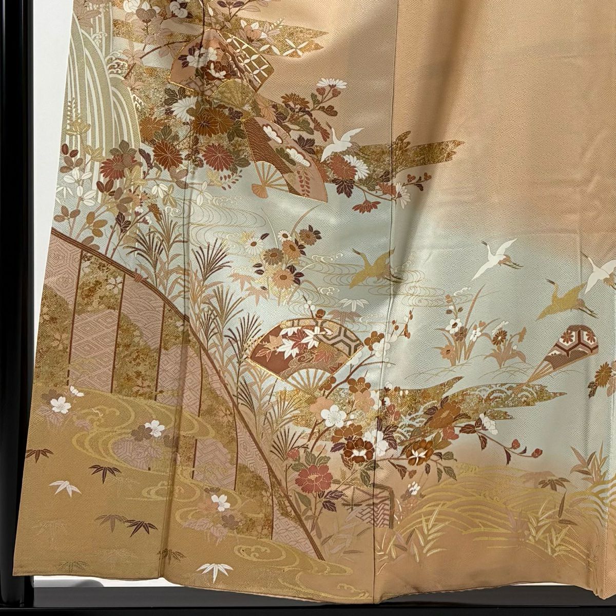 訪問服 身長157cm 袖長62.5cm S 雙層 扇子 草花紋 金絲 金銀彩 米色 純蠶絲 優品級