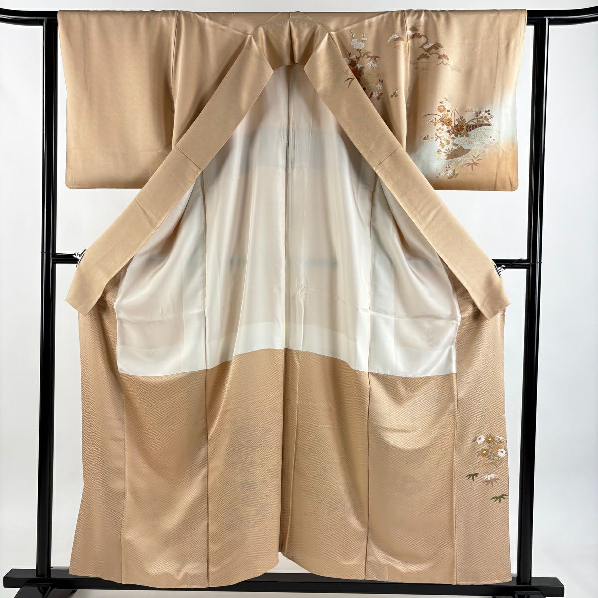訪問服 身長157cm 袖長62.5cm S 雙層 扇子 草花紋 金絲 金銀彩 米色 純蠶絲 優品級