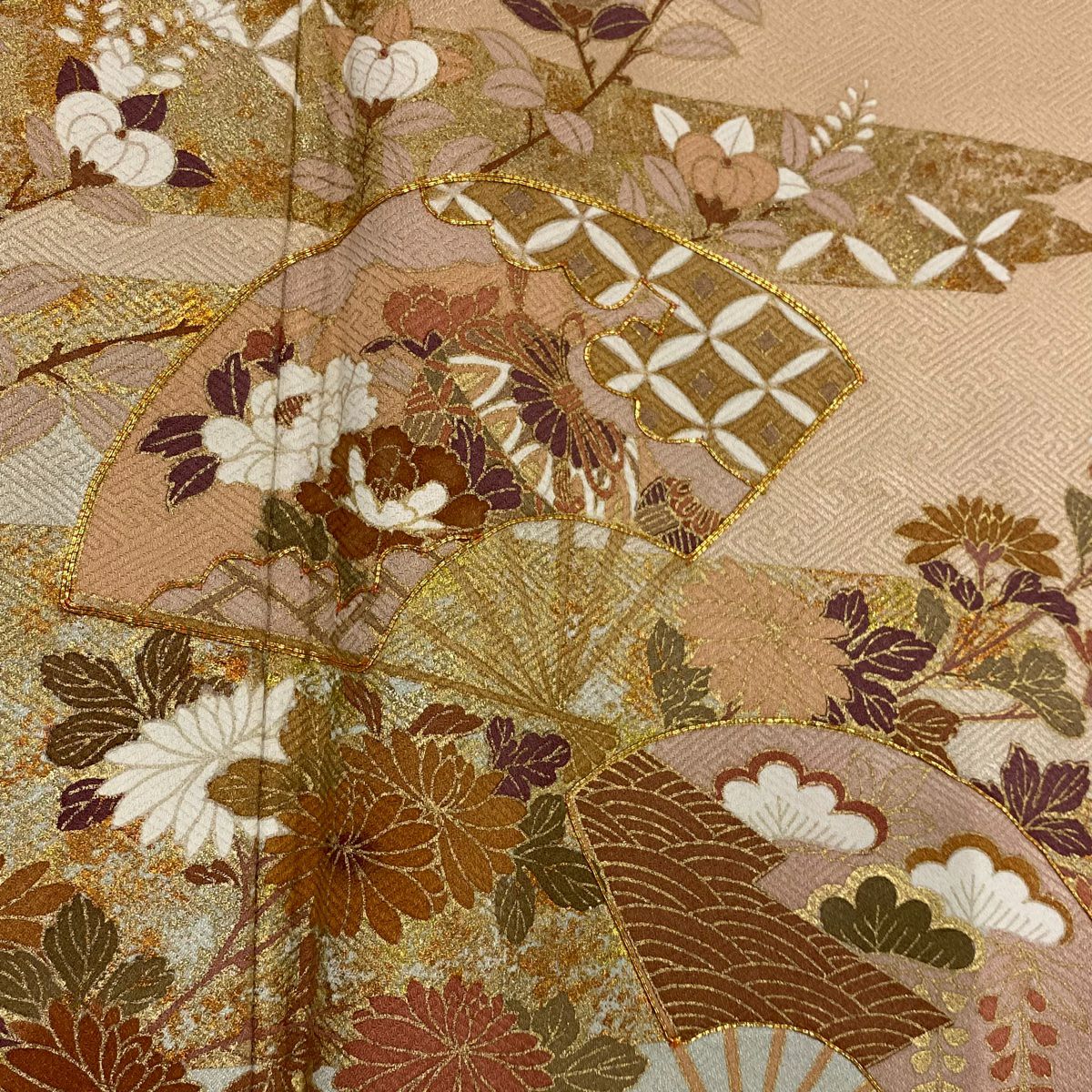 訪問服 身長157cm 袖長62.5cm S 雙層 扇子 草花紋 金絲 金銀彩 米色 純蠶絲 優品級
