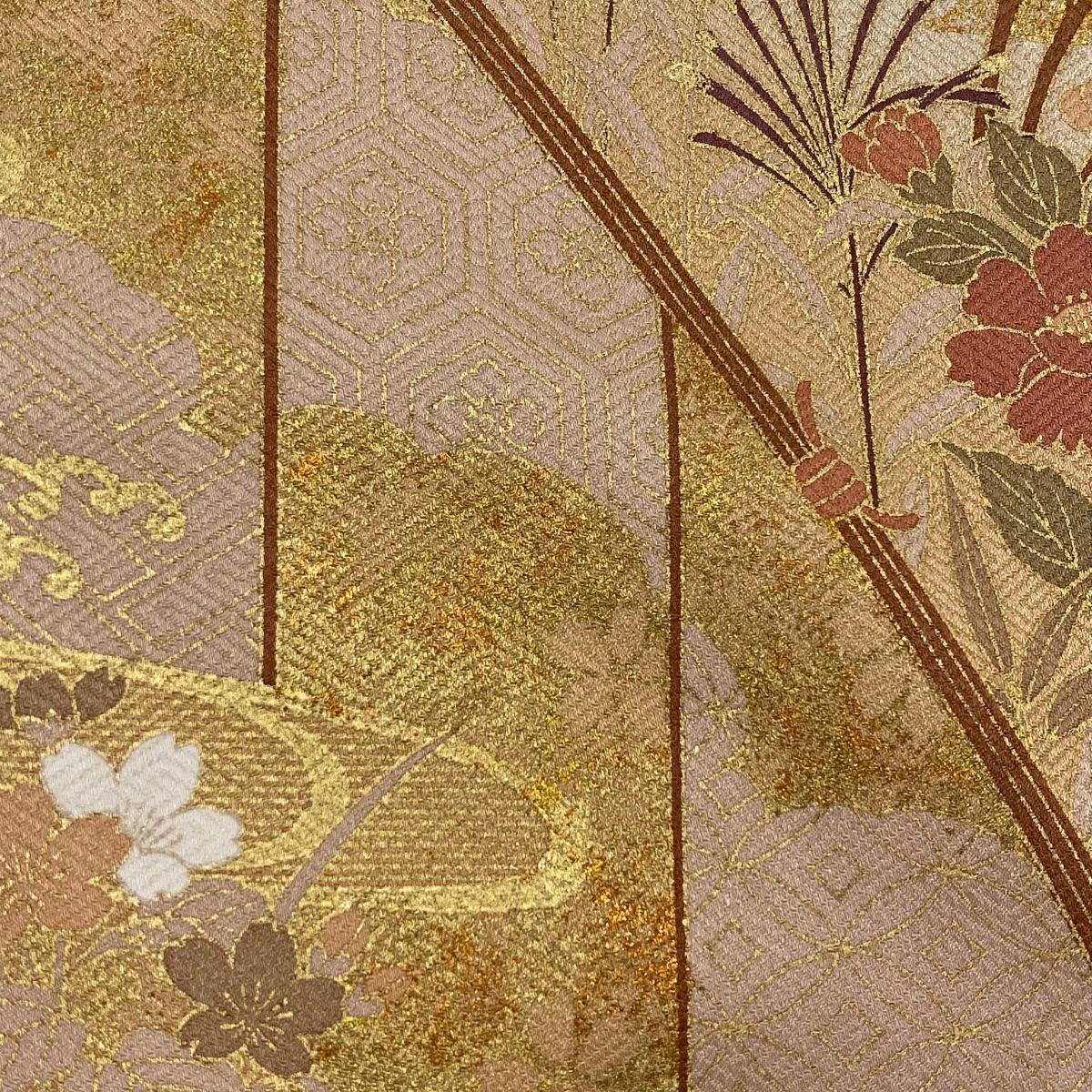 訪問服 身長157cm 袖長62.5cm S 雙層 扇子 草花紋 金絲 金銀彩 米色 純蠶絲 優品級