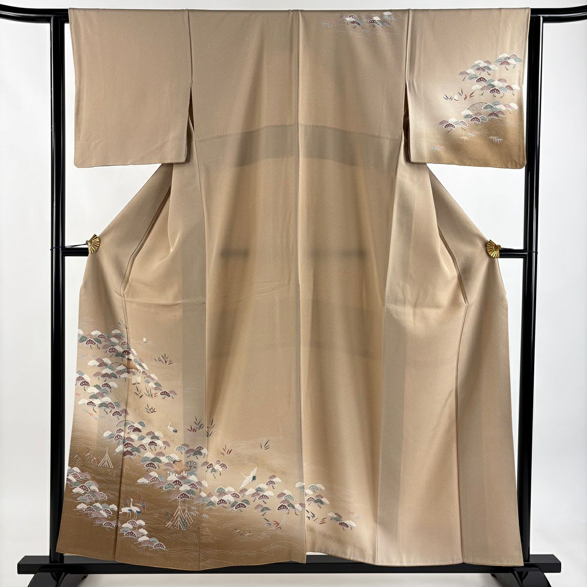付下 身長156cm 袖長63.5cm S 雙層 家屋 笠松樹 金銀彩 裾暈染 淺茶 純蠶絲 優品級