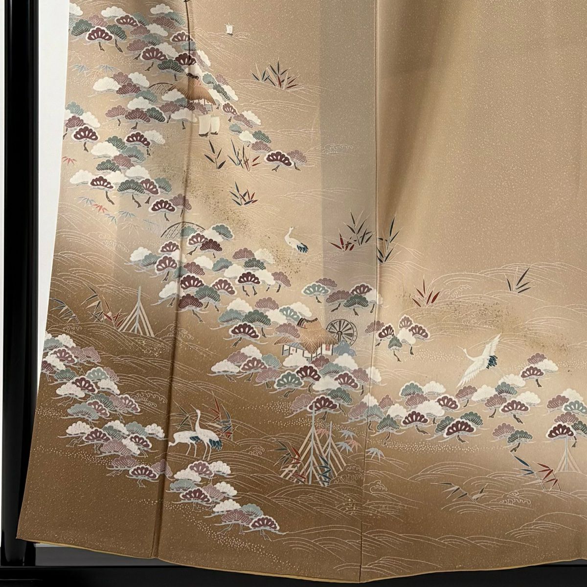 付下 身長156cm 袖長63.5cm S 雙層 家屋 笠松樹 金銀彩 裾暈染 淺茶 純蠶絲 優品級