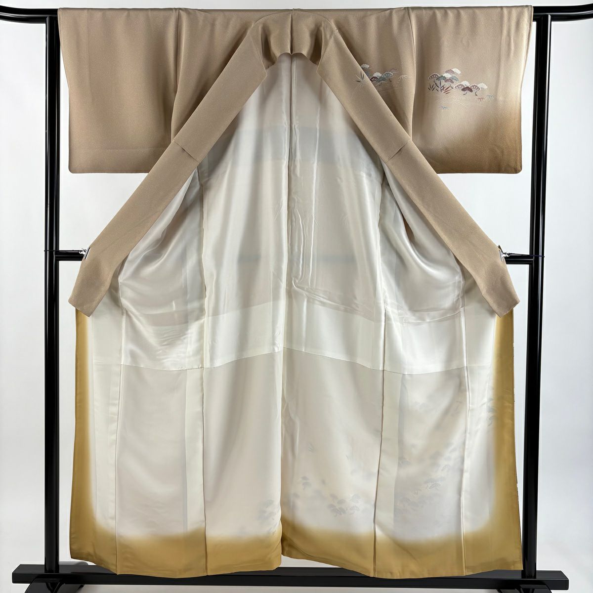 付下 身長156cm 袖長63.5cm S 雙層 家屋 笠松樹 金銀彩 裾暈染 淺茶 純蠶絲 優品級