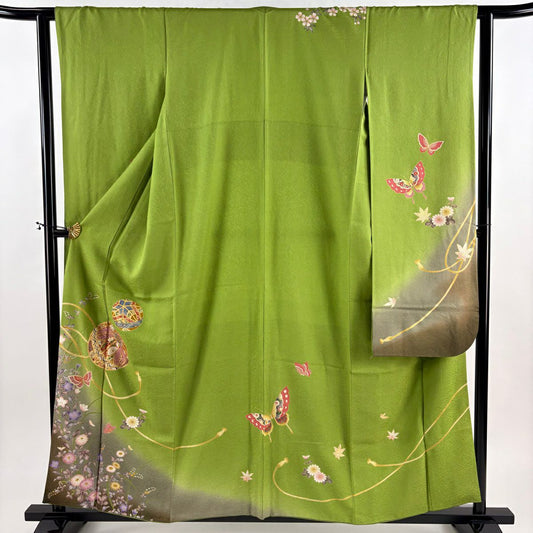 振袖禮服 身長158cm 袖長62cm S 雙層 手鞠 蝶 金銀彩 漸層 黃綠 純蠶絲 秀品級