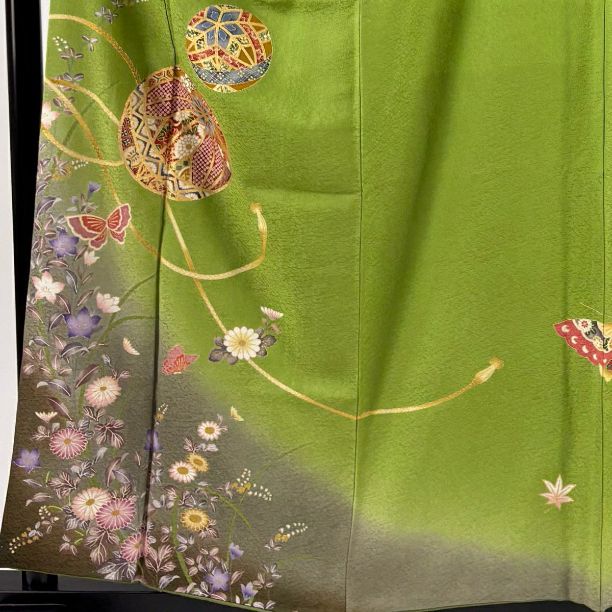 振袖禮服 身長158cm 袖長62cm S 雙層 手鞠 蝶 金銀彩 漸層 黃綠 純蠶絲 秀品級