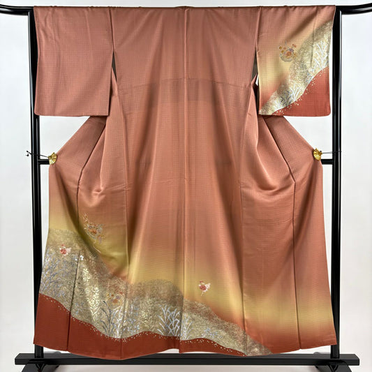 付下 身長155cm 袖長64.5cm M 雙層 草花紋紋 鏡裏文 金銀彩 刺繡 粉米色 純蠶絲 秀品級