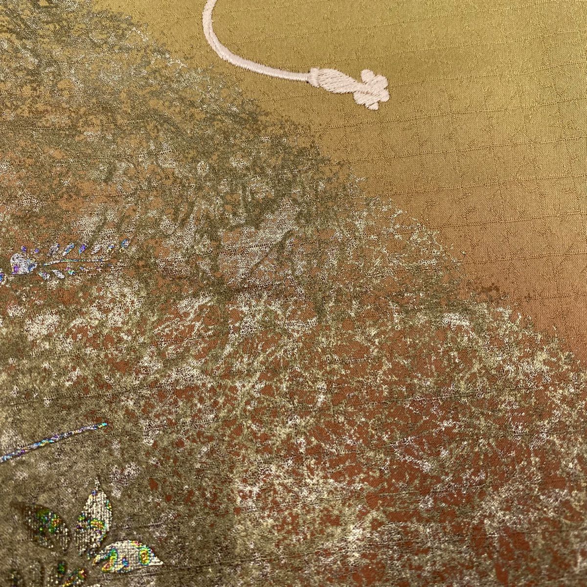付下 身長155cm 袖長64.5cm M 雙層 草花紋紋 鏡裏文 金銀彩 刺繡 粉米色 純蠶絲 秀品級