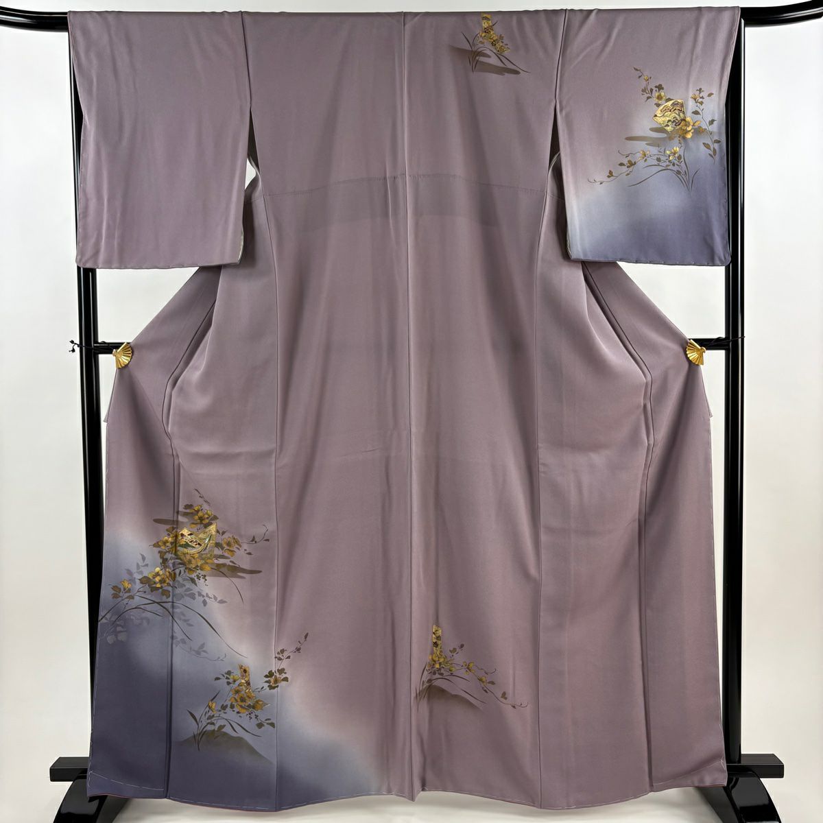 付下 身長164.5cm 袖長66cm M 雙層 大和 草花紋紋 霞 金銀彩 漸層 灰紫 純蠶絲 優品級