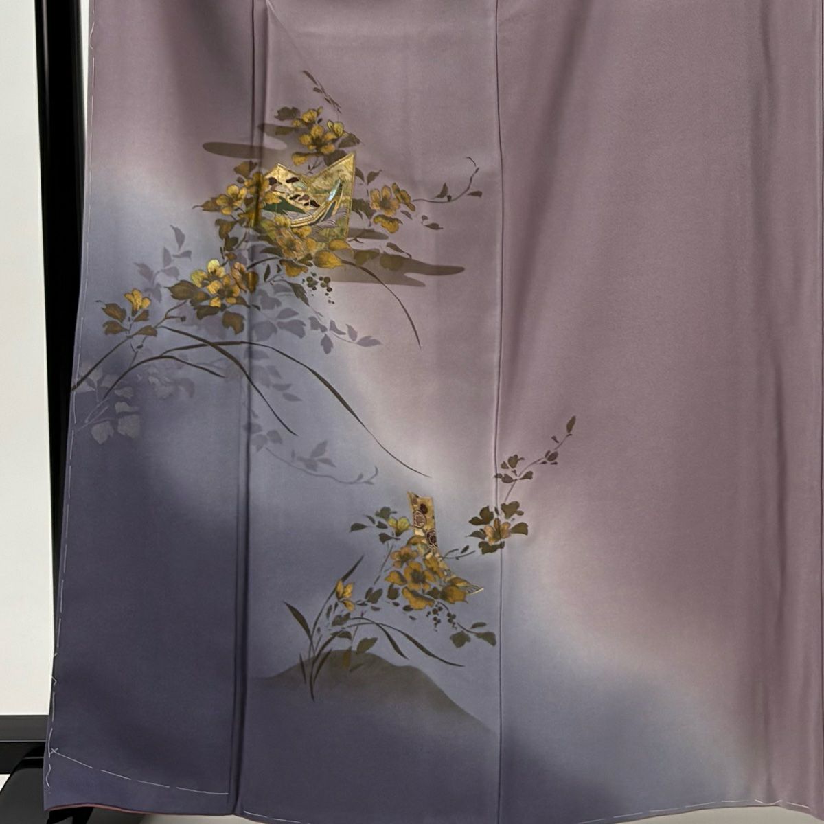 付下 身長164.5cm 袖長66cm M 雙層 大和 草花紋紋 霞 金銀彩 漸層 灰紫 純蠶絲 優品級