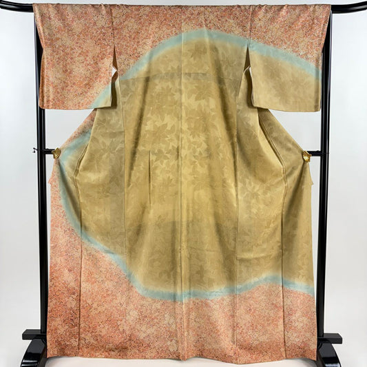 【美品】訪問服 身長169cm 袖長67cm M 雙層 草花紋紋 地紋 染分 逐漸變化 鮭粉色 純蠶絲 秀品級
