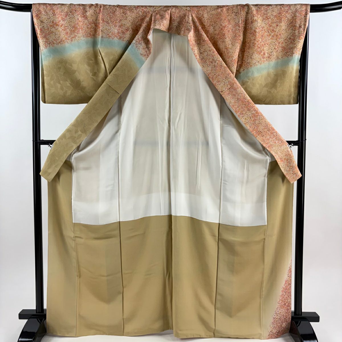 【美品】訪問服 身長169cm 袖長67cm M 雙層 草花紋紋 地紋 染分 逐漸變化 鮭粉色 純蠶絲 秀品級
