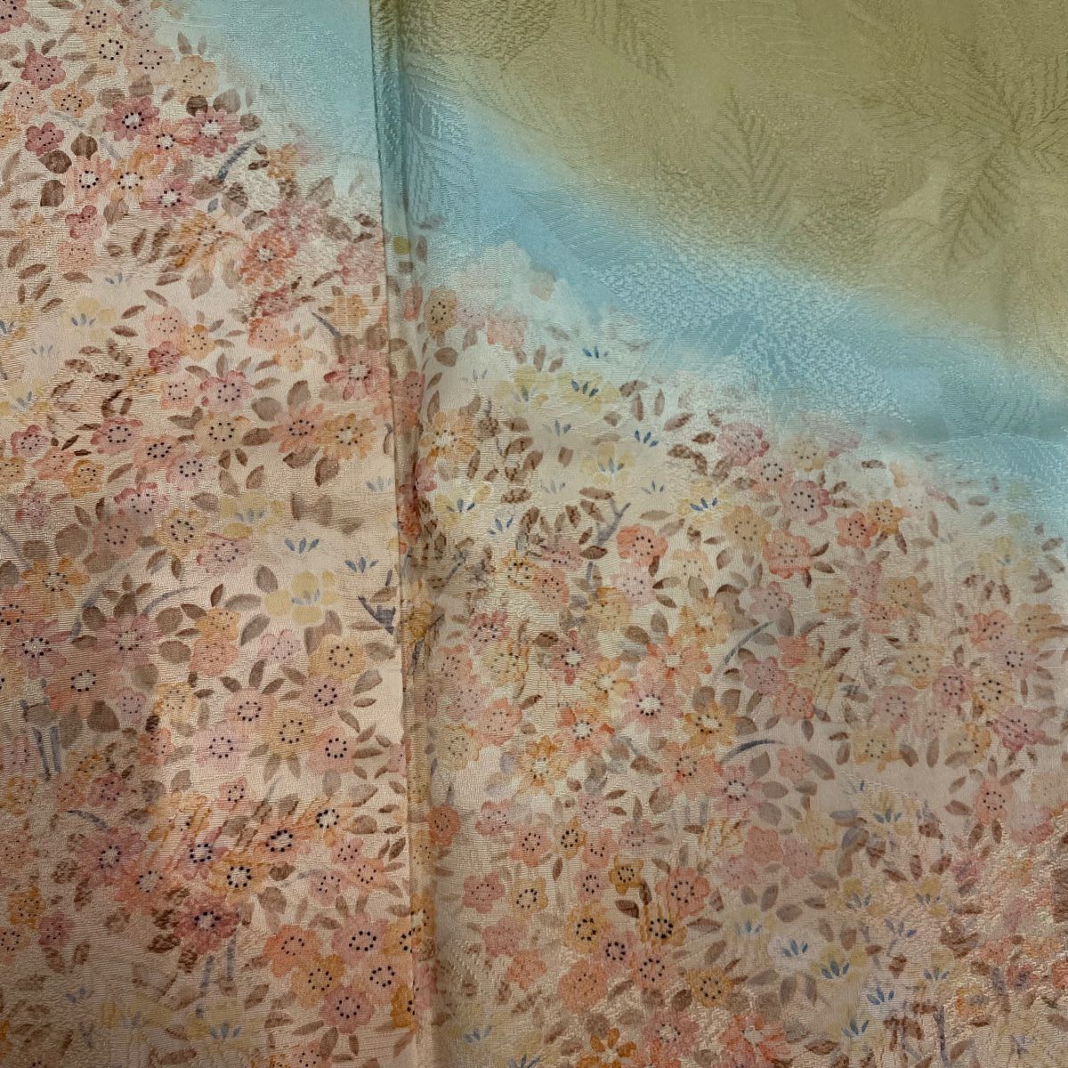 【美品】訪問服 身長169cm 袖長67cm M 雙層 草花紋紋 地紋 染分 逐漸變化 鮭粉色 純蠶絲 秀品級
